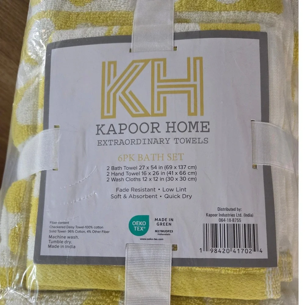 Kapoor Home 6-Piece Bath Towel Set Yellow White Checkered Daisy Floral Waffle
